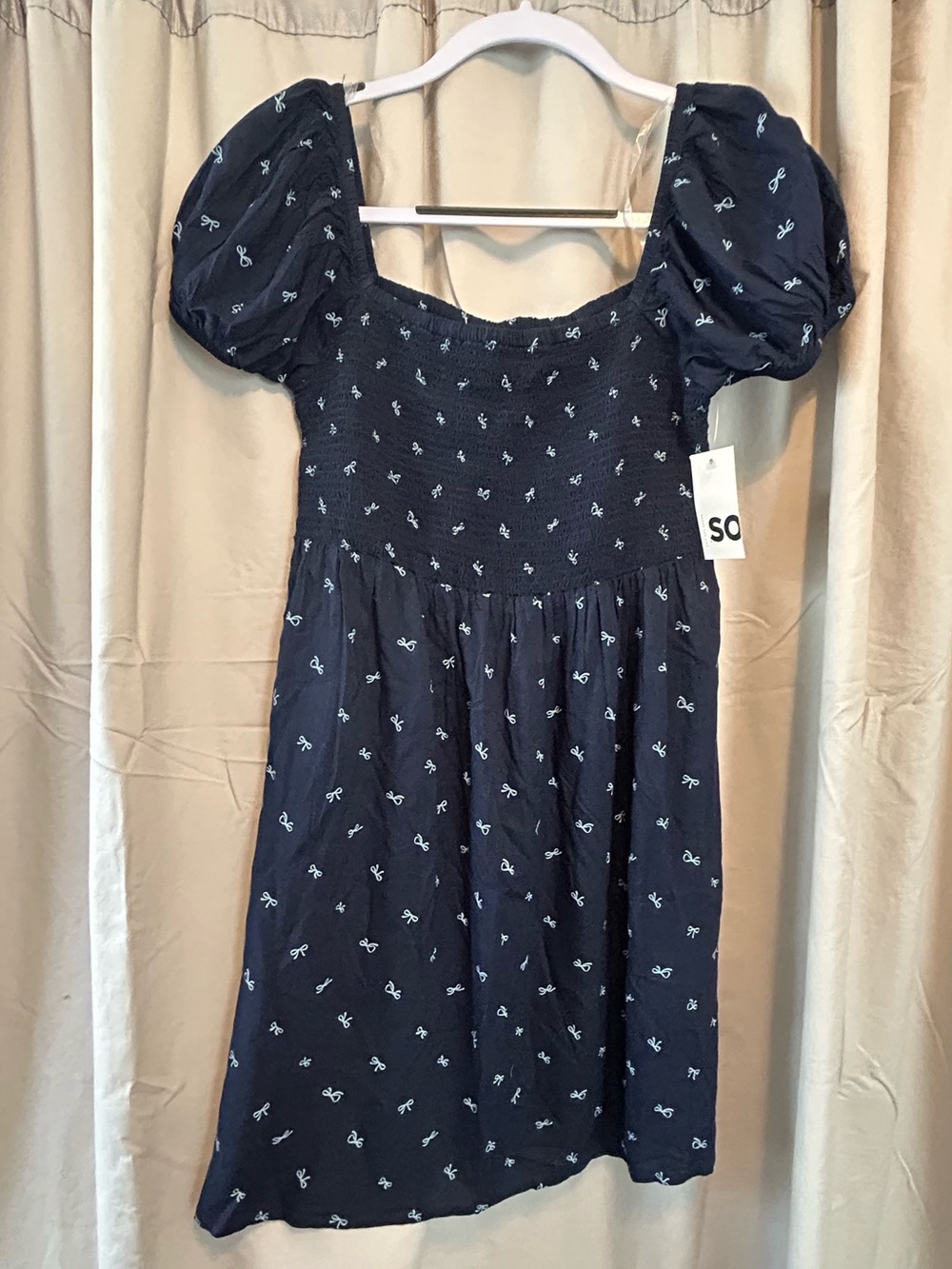 SO Navy Blue Puff Sleeve Smocked Dress with White Bow Print